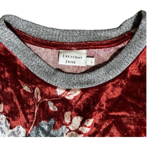 CRESCENT DRIVE Red Crushed Velvet Floral Top Long Sleeve Stretchy Lightweight L - Picture 7 of 9